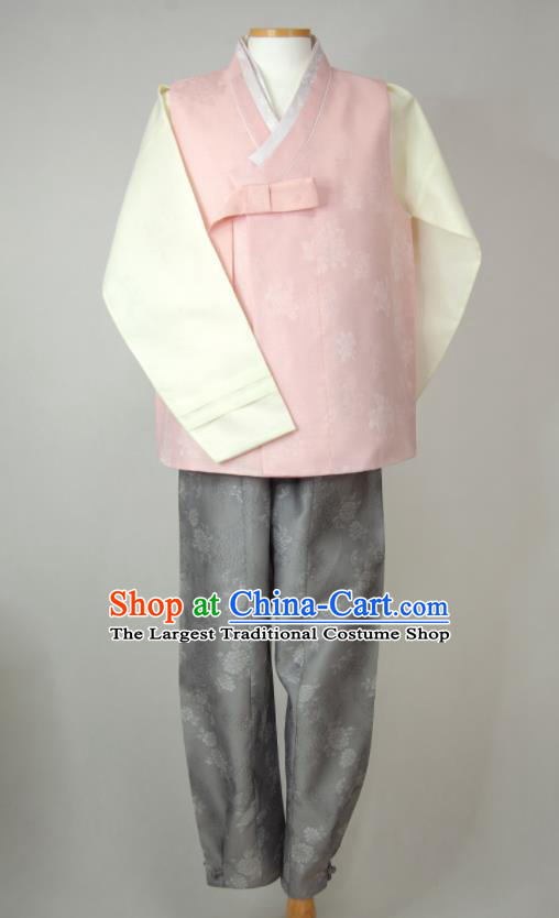 Korea Festival Clothing Wedding Hanbok Young Man Pink Vest Beige Shirt and Grey Pants Korean Traditional Bridegroom Costumes
