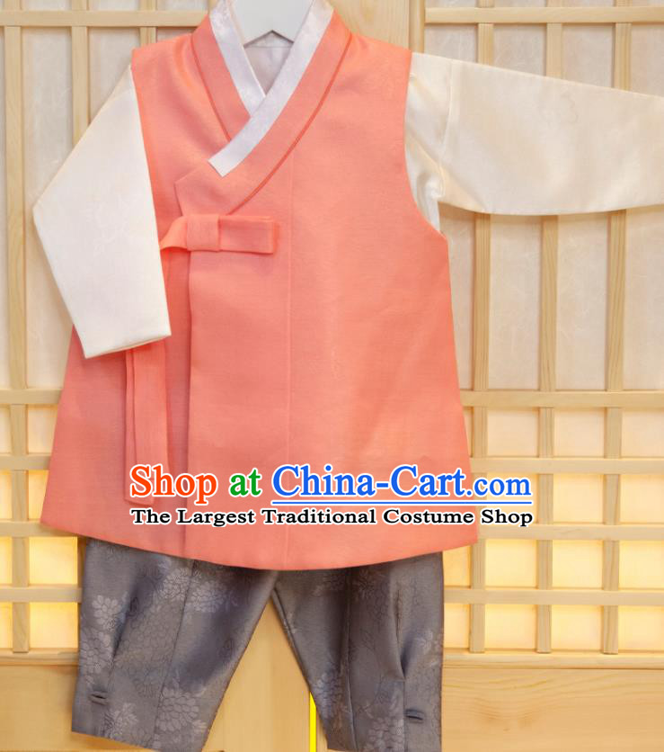 Korean Children Festival Pink Vest Beige Shirt and Grey Pants Traditional Garment Costumes Hanbok Clothing Korea Boys Prince Fashion