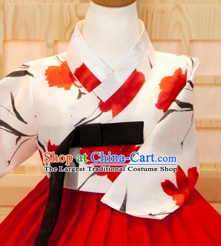 Korea Traditional Garment Costumes Children Hanbok Clothing Korean Princess Fashion Girl Festival Printing White Shirt and Red Dress