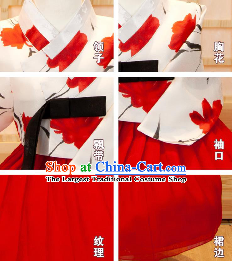 Korea Traditional Garment Costumes Children Hanbok Clothing Korean Princess Fashion Girl Festival Printing White Shirt and Red Dress