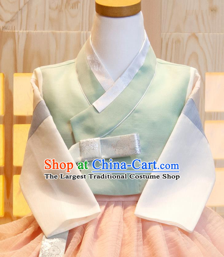 Korean Traditional Garment Costumes Korea Children Princess Hanbok Clothing Girl Festival Fashion Green Shirt and Pink Dress