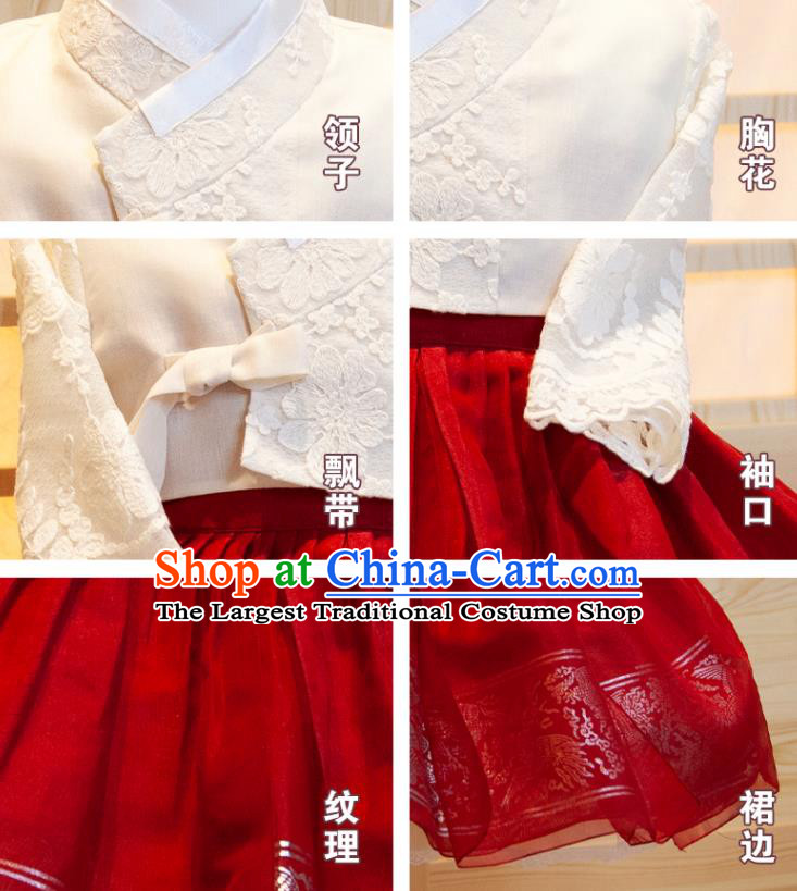 Korea Girl Princess Hanbok Clothing Korean Children Festival Fashion White Lace Shirt and Red Dress Traditional Garment Costumes