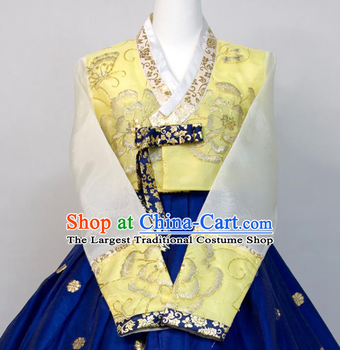 Korean Traditional Wedding Costumes Court Bride Hanbok Festival Ceremony Clothing Woman Fashion Yellow Blouse and Royalblue Dress