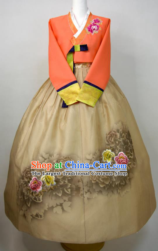 Korean Woman Fashion Embroidered Orange Blouse and Ginger Dress Traditional Wedding Costumes Court Bride Hanbok Festival Ceremony Clothing