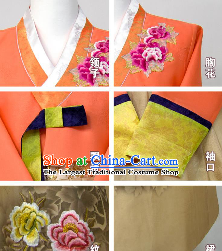 Korean Woman Fashion Embroidered Orange Blouse and Ginger Dress Traditional Wedding Costumes Court Bride Hanbok Festival Ceremony Clothing