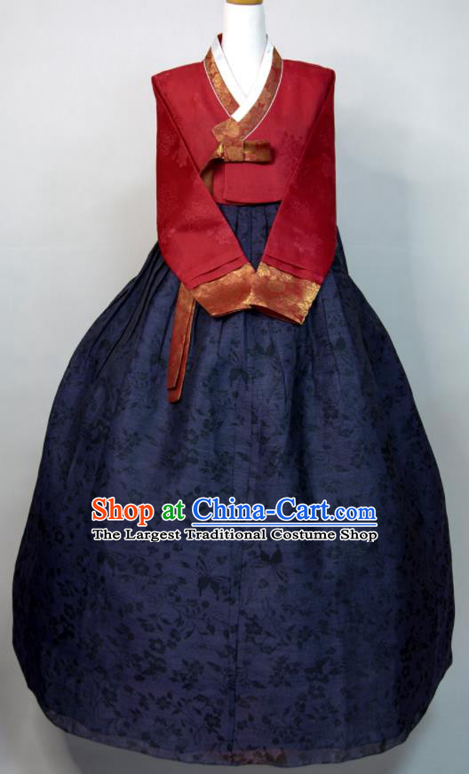Korean Traditional Wedding Bride Costumes Court Ceremony Hanbok Festival Clothing Woman Fashion Wine Red Blouse and Navy Dress