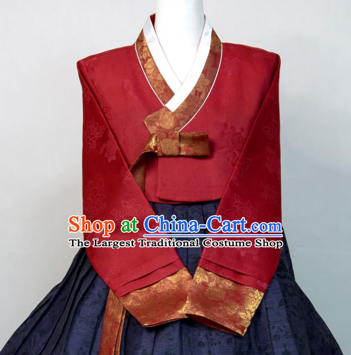 Korean Traditional Wedding Bride Costumes Court Ceremony Hanbok Festival Clothing Woman Fashion Wine Red Blouse and Navy Dress