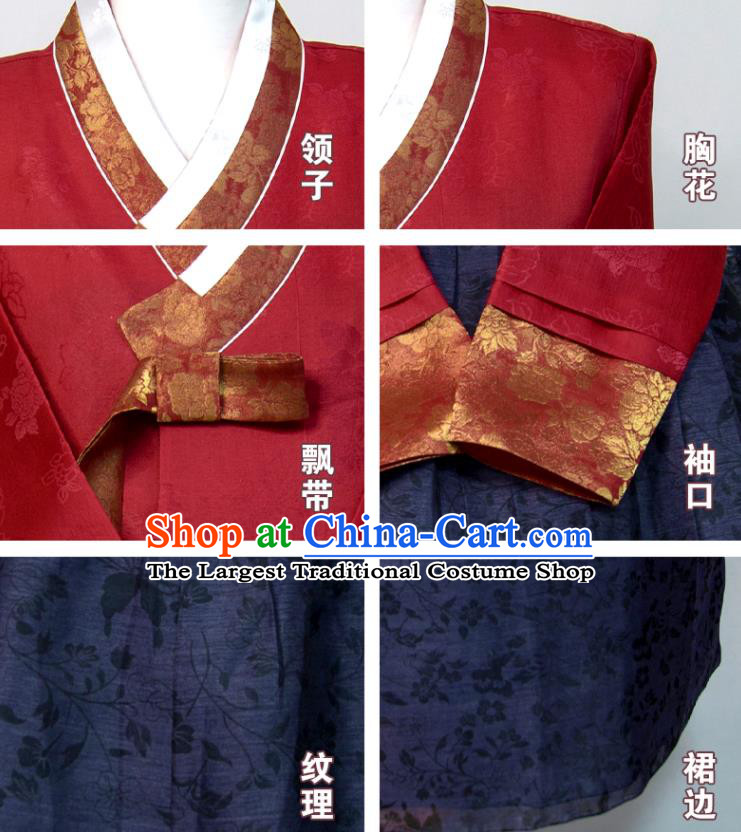 Korean Traditional Wedding Bride Costumes Court Ceremony Hanbok Festival Clothing Woman Fashion Wine Red Blouse and Navy Dress
