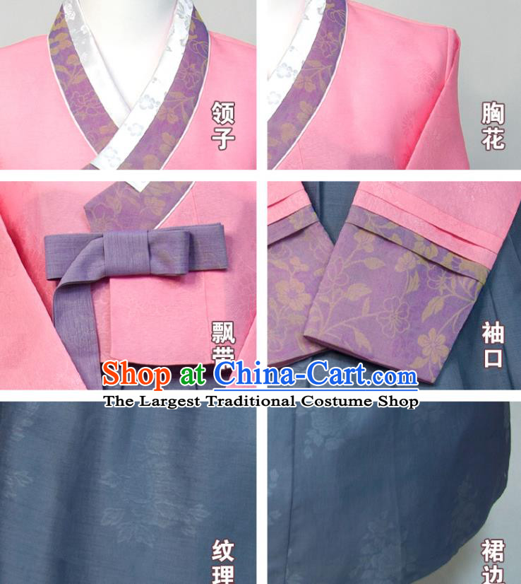 Korean Festival Clothing Woman Traditional Fashion Pink Blouse and Grey Dress Wedding Bride Costumes Court Ceremony Hanbok
