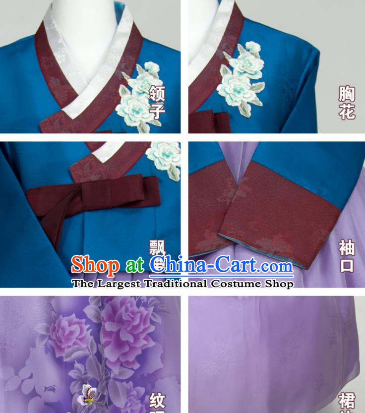 Korean Wedding Bride Mother Fashion Costumes Traditional Festival Clothing Elderly Woman Hanbok Blue Blouse and Purple Dress