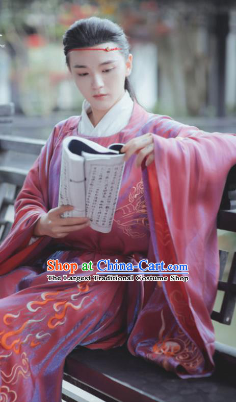 China Ancient Childe Scholar Embroidered Red Hanfu Robe Clothing Traditional Song Dynasty Young Male Historical Garment Costume