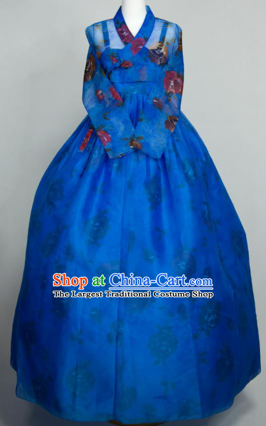 Korean Court Woman Fashion Hanbok Printing Blouse and Blue Dress Wedding Bride Costumes Traditional Festival Clothing