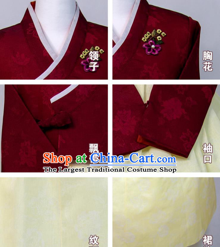 Korean Wedding Bride Fashion Costumes Traditional Festival Clothing Court Princess Hanbok Wine Red Blouse and Yellow Dress