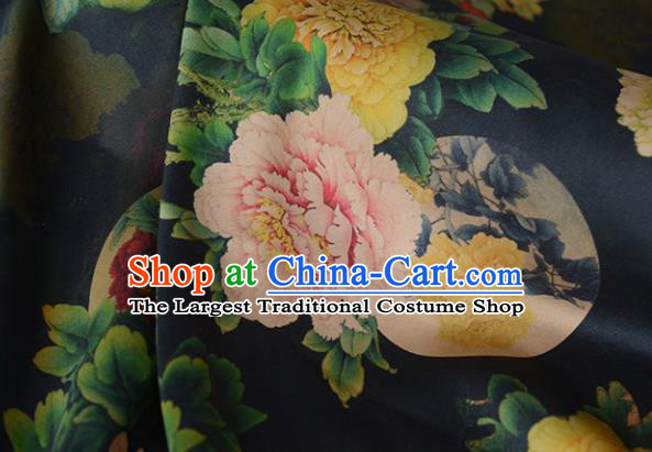 Chinese Classical Peony Pattern DIY Fabric Silk Fabric Black Gambiered Guangdong Gauze High Quality Cheongsam Cloth