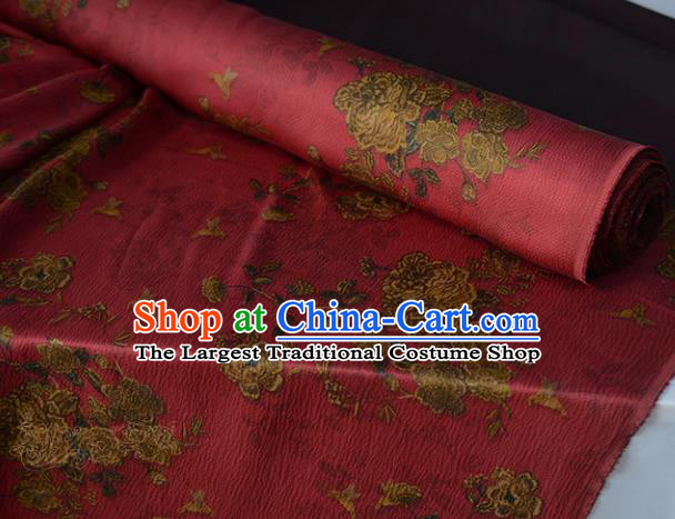 Chinese Classical Peony Pattern DIY Satin Fabric Silk Fabric Wine Red Gambiered Guangdong Gauze High Quality Cheongsam Cloth