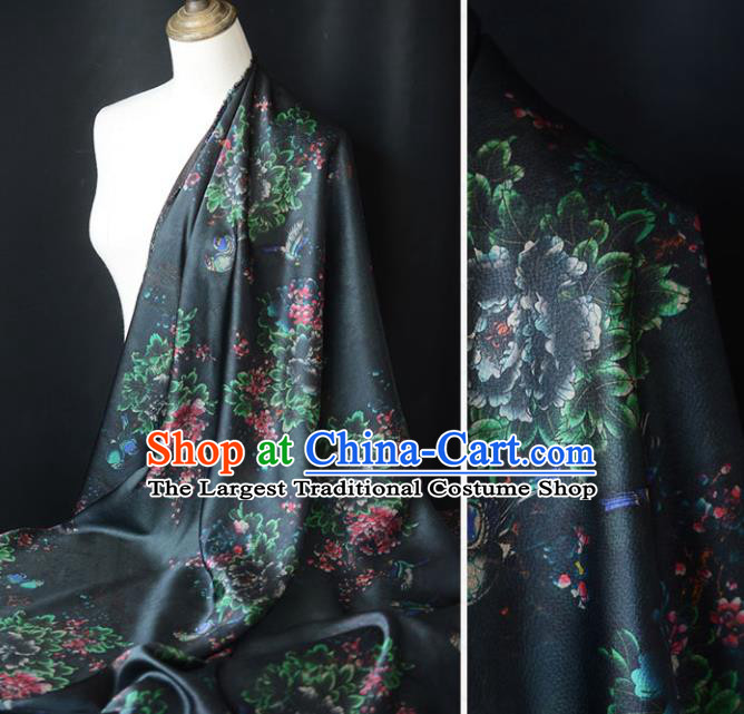 Chinese Classical Flowers Pattern DIY Satin Fabric Silk Fabric Black Gambiered Guangdong Gauze High Quality Cheongsam Cloth