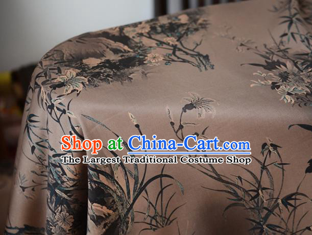 Chinese Classical Chrysanthemum Pattern DIY Satin Fabric Silk Fabric Brown Gambiered Guangdong Gauze High Quality Cheongsam Cloth