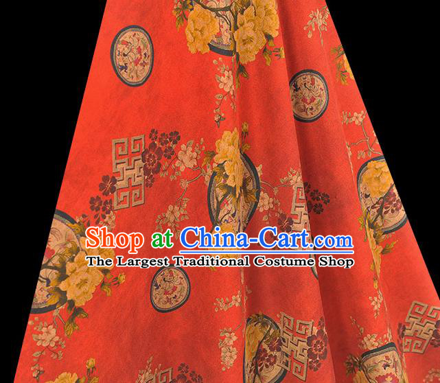 Chinese Red Gambiered Guangdong Gauze Cheongsam Cloth Classical Peony Pattern DIY Satin Fabric Silk Fabric