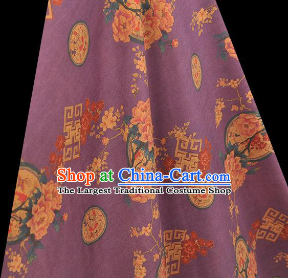 Chinese Silk Fabric Purple Gambiered Guangdong Gauze Cheongsam Cloth Classical Peony Pattern DIY Satin Fabric