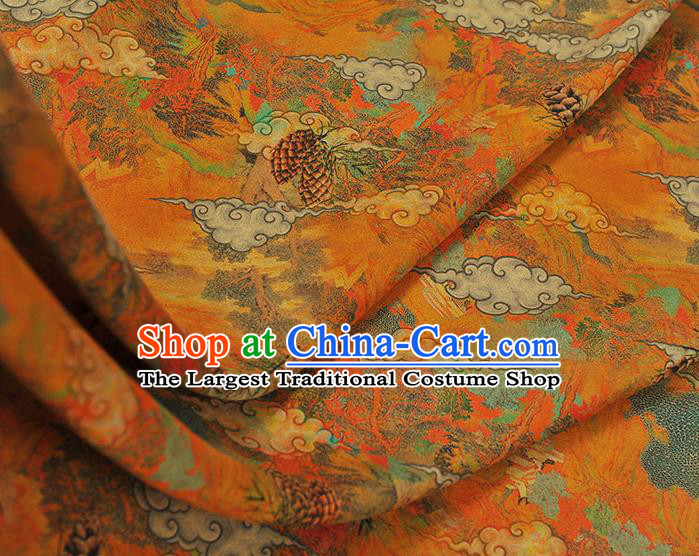 Chinese Orange Gambiered Guangdong Gauze Cheongsam Silk Cloth Traditional Cloud Pine Cone Pattern DIY Fabric