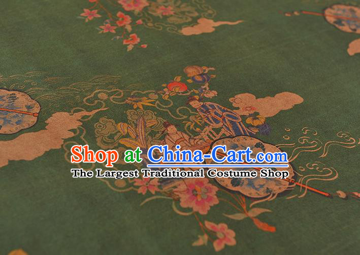 Chinese Traditional Peony Fan Pattern DIY Fabric Green Gambiered Guangdong Gauze Cheongsam Silk Cloth