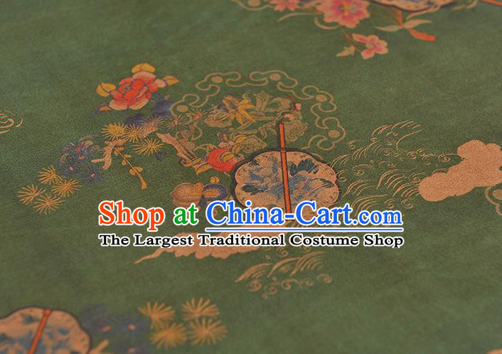 Chinese Traditional Peony Fan Pattern DIY Fabric Green Gambiered Guangdong Gauze Cheongsam Silk Cloth