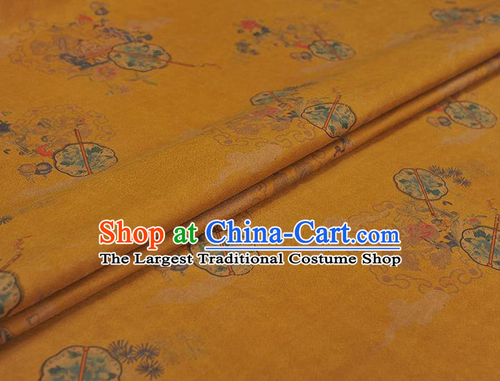 Chinese Yellow Gambiered Guangdong Gauze Cheongsam Silk Cloth Traditional Peony Fan Pattern DIY Fabric