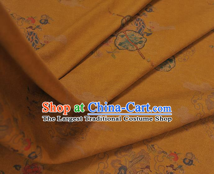 Chinese Yellow Gambiered Guangdong Gauze Cheongsam Silk Cloth Traditional Peony Fan Pattern DIY Fabric