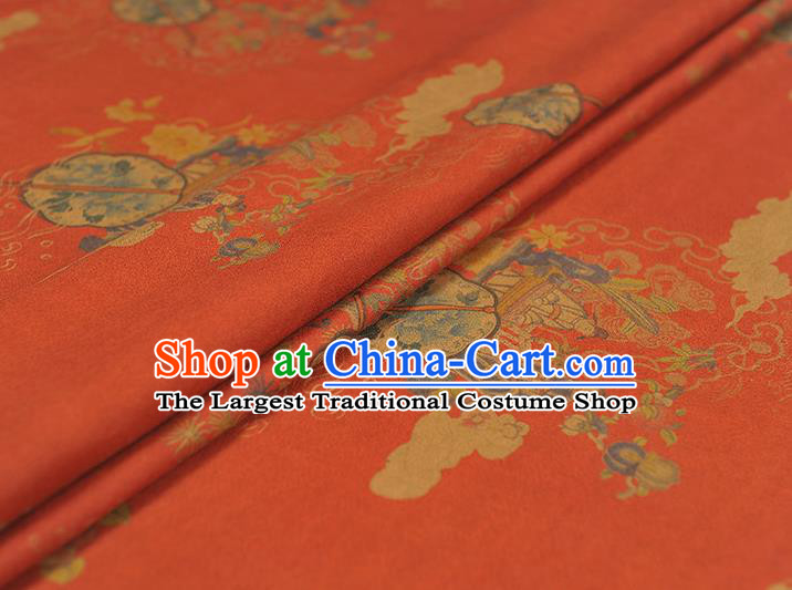 Chinese Traditional Peony Fan Pattern DIY Fabric Red Gambiered Guangdong Gauze Cheongsam Silk Cloth