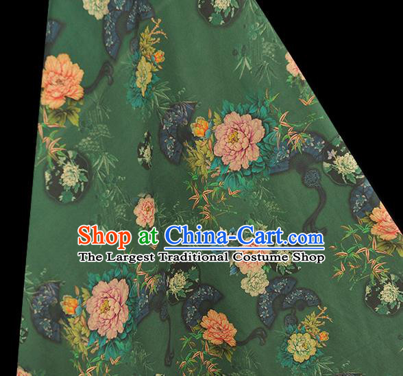Chinese Cheongsam Silk Cloth Traditional Peony Fan Pattern DIY Fabric Deep Green Gambiered Guangdong Gauze
