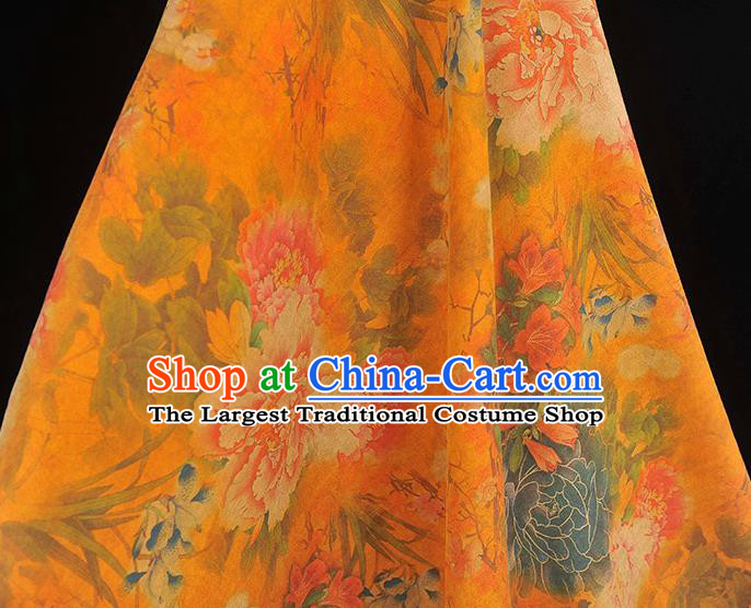 Chinese Cheongsam Silk Cloth Traditional Rich Peony Pattern DIY Dress Fabric Orange Gambiered Guangdong Gauze