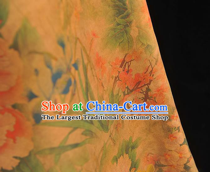 Chinese Ginger Gambiered Guangdong Gauze Cheongsam Silk Cloth Traditional Rich Peony Pattern DIY Dress Fabric