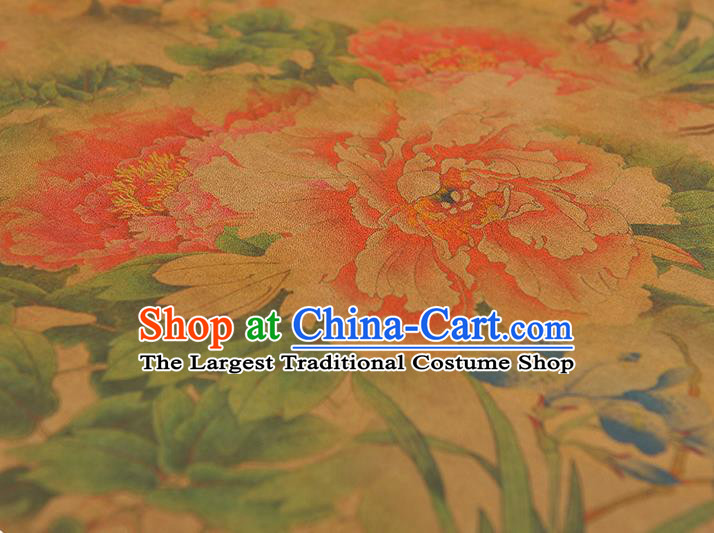 Chinese Ginger Gambiered Guangdong Gauze Cheongsam Silk Cloth Traditional Rich Peony Pattern DIY Dress Fabric