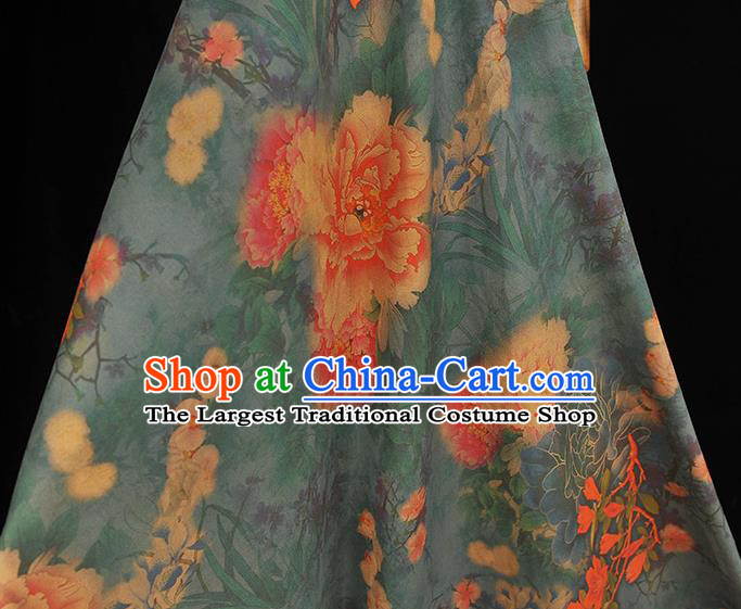 Chinese Traditional Rich Peony Pattern DIY Dress Fabric Blue Gambiered Guangdong Gauze Cheongsam Silk Cloth