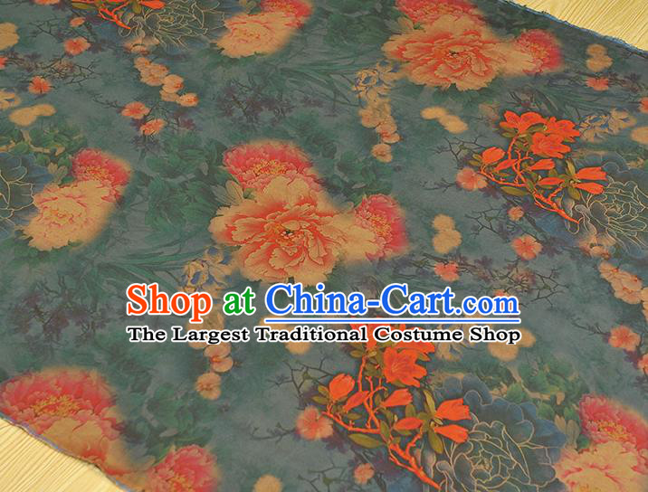 Chinese Traditional Rich Peony Pattern DIY Dress Fabric Blue Gambiered Guangdong Gauze Cheongsam Silk Cloth