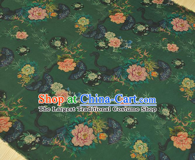 Chinese Cheongsam Silk Cloth Traditional Peony Fan Pattern DIY Fabric Deep Green Gambiered Guangdong Gauze