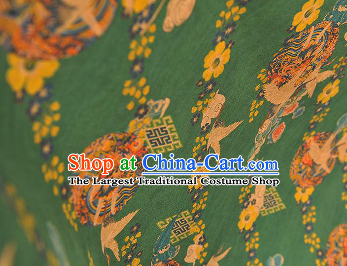 Chinese Cheongsam Silk Cloth Green Gambiered Guangdong Gauze Traditional Cranes Pattern DIY Dress Fabric