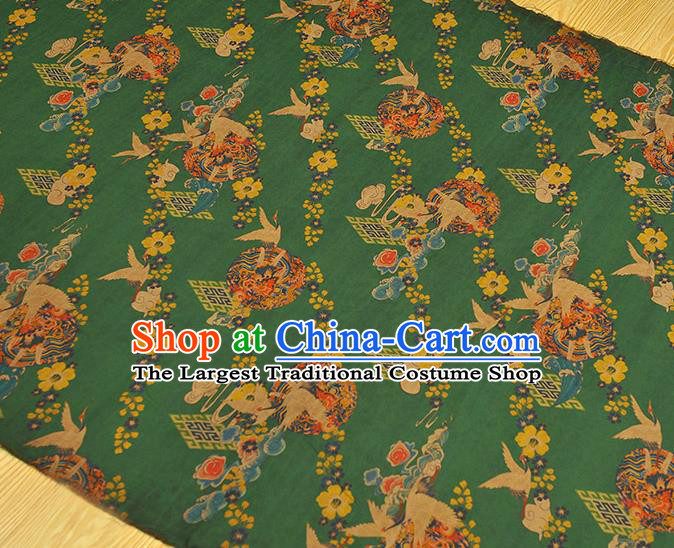 Chinese Cheongsam Silk Cloth Green Gambiered Guangdong Gauze Traditional Cranes Pattern DIY Dress Fabric