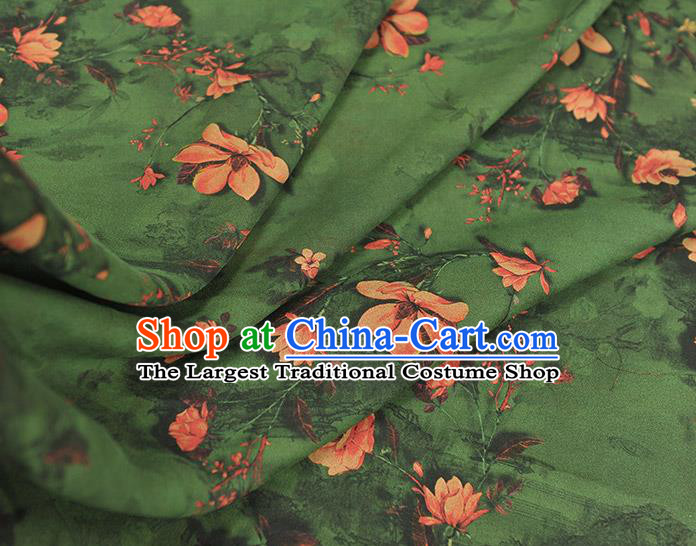 Chinese Deep Green Gambiered Guangdong Gauze Cheongsam Silk Cloth Traditional Mangnolia Pattern DIY Fabric