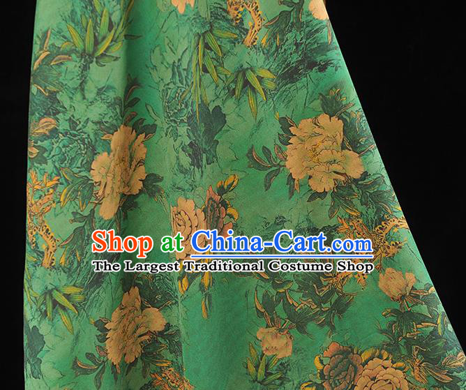 Chinese Traditional Peony Pattern DIY Fabric Green Gambiered Guangdong Gauze Cheongsam Silk Cloth