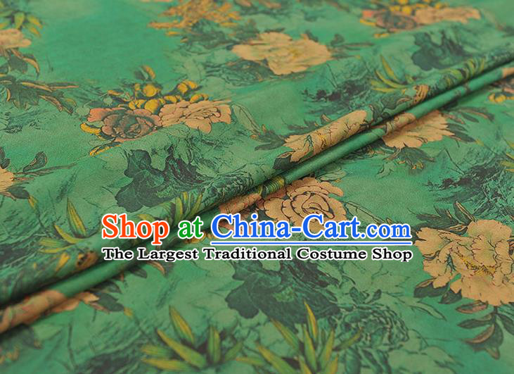 Chinese Traditional Peony Pattern DIY Fabric Green Gambiered Guangdong Gauze Cheongsam Silk Cloth