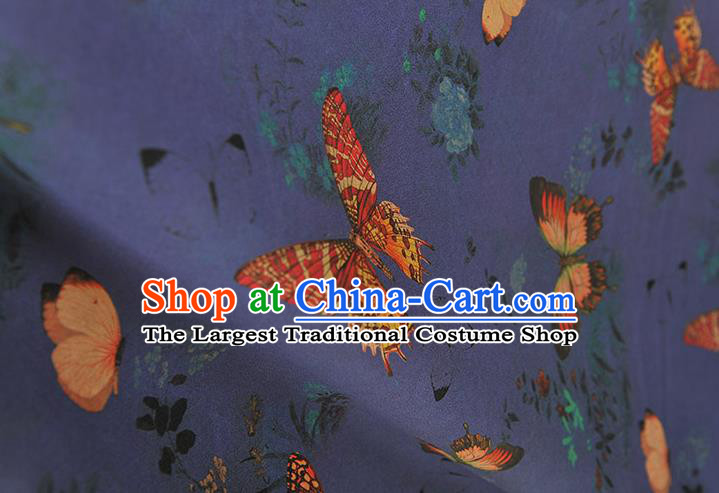 Chinese DIY Cheongsam Silk Cloth Blue Gambiered Guangdong Gauze Traditional Butterfly Pattern Dress Fabric