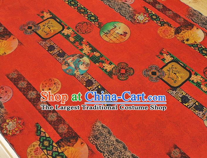 Chinese Cheongsam Silk Cloth Red Gambiered Guangdong Gauze Traditional Flowers Pattern Dress Fabric