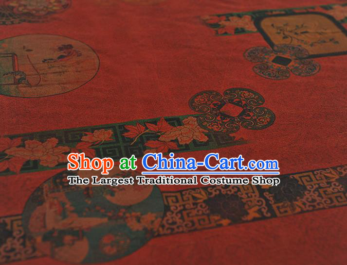 Chinese Dark Red Gambiered Guangdong Gauze Traditional Flowers Pattern Dress Fabric Cheongsam Silk Cloth