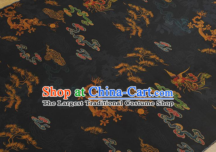 Chinese Cheongsam Silk Cloth Black Gambiered Guangdong Gauze Traditional Dragon Phoenix Pattern Dress Fabric