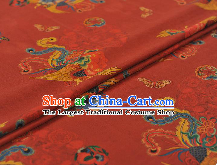 Chinese Red Gambiered Guangdong Gauze Traditional Phoenix Pattern Wedding Dress Fabric Cheongsam Silk Cloth