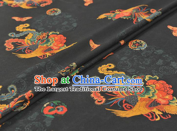 Chinese Cheongsam Silk Cloth Black Gambiered Guangdong Gauze Traditional Phoenix Pattern Dress Fabric