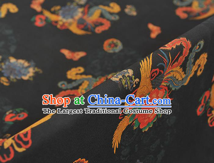 Chinese Cheongsam Silk Cloth Black Gambiered Guangdong Gauze Traditional Phoenix Pattern Dress Fabric