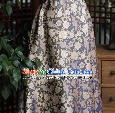 Chinese Blue Satin Cloth Traditional Cheongsam Jacquard Drapery Silk Fabric Classical Crane Peony Pattern Brocade