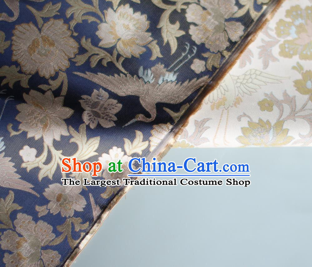 Chinese Blue Satin Cloth Traditional Cheongsam Jacquard Drapery Silk Fabric Classical Crane Peony Pattern Brocade